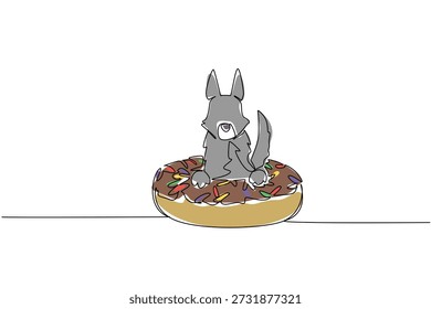 Adorável lobo único desenho de linha para um conceito de natureza apresenta um animal bonito sentado dentro de uma rosquinha. O gráfico colorido celebra um tema do dia internacional da comida com a besta da floresta cinzenta.