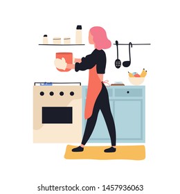 Adorable woman cooking in kitchen. Cute young girl preparing meals at home. Female cartoon character making lunch or dinner. Pastime activity or culinary hobby. Flat colorful vector illustration.