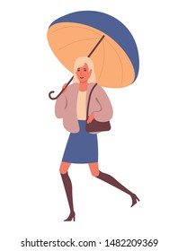 Adorable woman dressed in jacket and high boots walking under umbrella. Blonde girl isolated on white background. Autumn season rainy weather condition. Colorful vector in flat cartoon style