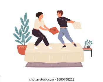 Adorable woman friends playing pillow fight on bed vector flat illustration. Happy female characters having fun together, enjoying friendship isolated on white. Cute people on pajama party at home