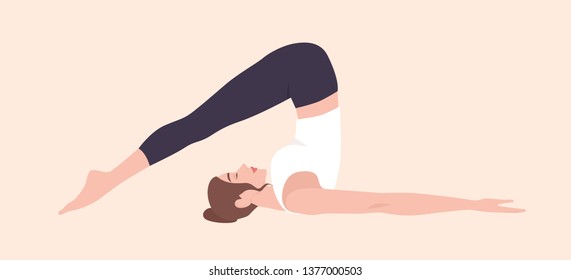 Adorable woman in Halasana position or Plough Pose. Funny female cartoon character practicing Hatha yoga. Young yogi girl performing exercise isolated on light background. Flat vector illustration.