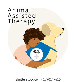 Adorable Woman And Service Dog Illustration. Hand Drawn Service Dog Poster. Fluffy Labrador On Duty. Template For Alternative Medical Treatment.
