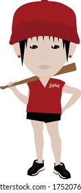 Adorable Woman in Softball Uniform with Bat and Cap Standing Illustration Vector