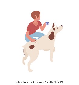 Adorable woman training dog vector isometric illustration. Cute female playing with domestic animal holding ball isolated on white background. Pet and his owner spending time together