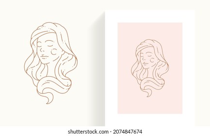 Adorable woman and waving hair portrait minimalist icon pastel color postcard and border set vector illustration  Female line art contour logo avatar face and closed eyes isolated skincare wellness