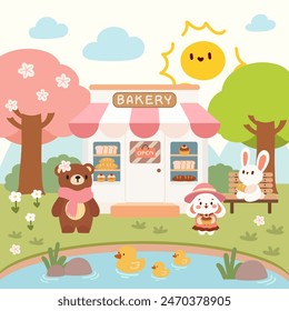 Adorable Woodland Animals at a Charming Bakery. Cute Kids Illustration. Bear, Bunny, and Ducklings at Bakery.