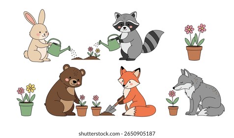 Adorable woodland animals engaged in spring gardening activities planting flowers and watering seeds