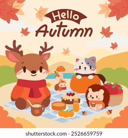 Adorable woodland animals, including a deer, cat, hedgehog, and squirrel, are enjoying a cozy autumn picnic filled with pies, cakes, and drinks.