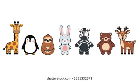Adorable woodland creatures collection featuring giraffe penguin sloth rabbit zebra bear and deer characters