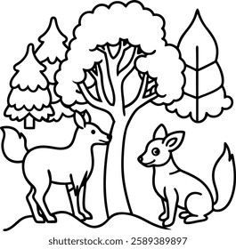 Adorable woodland creatures coloring page featuring foxes and deer in a serene forest scene