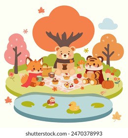 Adorable Woodland Creatures Enjoying Autumn Picnic.Cartoon Forest Animals Picnic Illustration for Kids.