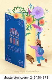 Adorable World Book Day poster. Little girl and puppy steps into an open book with flowers.