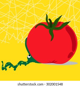 An adorable worm attempting to chew the too big tomato. On a yellow background. Conceptual image about To bite off more than one can chew