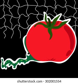 An adorable worm attempting to chew the too big tomato. On a black background. Conceptual image about To bite off more than one can chew