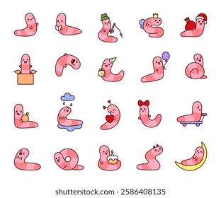 Adorable worm character set showcasing cheerful emotions, playful activities, festive celebrations, exciting adventures, and delightful expressions in a charming cute kawaii cartoon style.