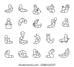 Adorable worm character set showcasing cheerful emotions, playful activities, festive celebrations, exciting adventures, and delightful expressions in a charming cute kawaii cartoon style.