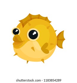 Adorable yellow blowfish with big shiny eyes. Exotic sea animal. Underwater life theme. Flat vector for children t-shirt print