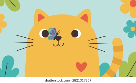 Adorable yellow cat looks surprised as a colorful butterfly lands gently on its nose in a beautiful flower garden.