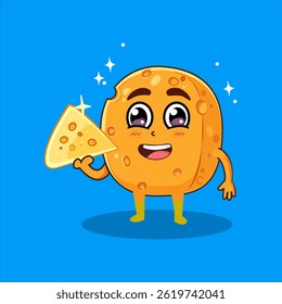 Adorable, yellow cheese cartoon figure with holes, big eyes, and a wide smile, proudly displaying a wedge of cheese in its hand