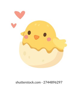 Adorable yellow chick hatching from eggshell with hearts, sweet spring farm animal clipart ideal for baby shower, nursery decor and seasonal crafts.