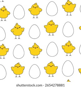 Adorable yellow chicks and white eggs easter holiday pattern illustration