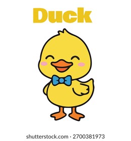Adorable yellow duckling character in kawaii style, wearing a blue bowtie and smiling. Perfect for children's flashcards, stickers, t-shirts, and educational materials.