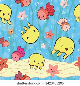 Adorable yellow and orange jellyfish and starfish in the ocean. Seamless vector pattern on blue and green plant textured background. Great for bathroom, kids products, packaging, stationery