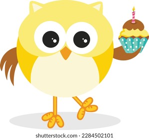 Adorable yellow owl holding a small birthday cake
