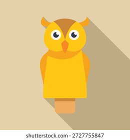 Adorable yellow owl puppet standing against a beige background, casting a long shadow