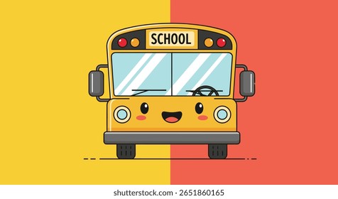 Adorable Yellow School Bus Character with Friendly Face Waving Goodbye to Students