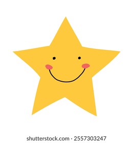 Adorable yellow star with a big smile and round cheeks. Simple and cheerful cartoon design perfect for kids' products, illustrations, or festive projects. Flat vector isolated on a white background.