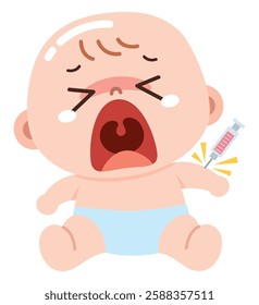 Adorable yet expressive cartoon illustration of a baby crying while receiving a vaccine injection in the arm.