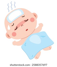 An adorable yet sad illustration of a baby lying in bed, suffering from a fever.