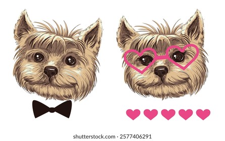 Adorable Yorkshire Terrier Illustrations with Bow Tie and Heart Glasses. Cute Yorkshire Terrier Faces with Accessories. Puppy boy and girl