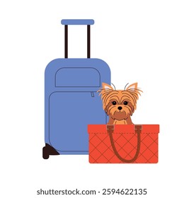 Adorable Yorkshire Terrier sitting in a red travel bag next to a blue suitcase. Perfect representation of pet travel and vacation with pets. Vector illustration