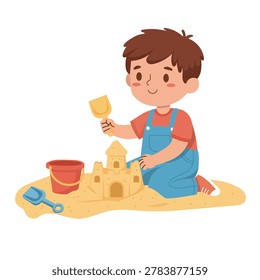 Adorable Young Boy Joyfully Building Sandcastle on Sandy Beach with Bucket and Shovel