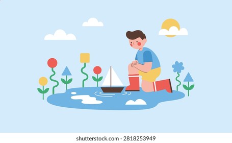 Adorable young boy in red rain boots kneeling next to a blue puddle to play with a wooden toy sailboat.