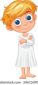 Adorable young boy smiling in a simple nightgown