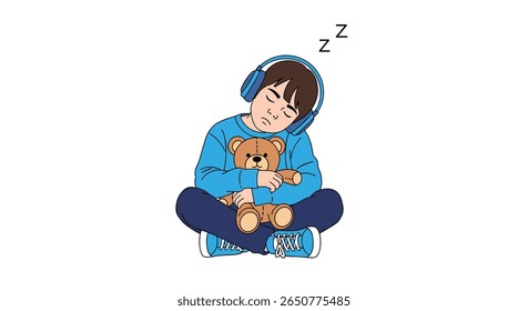Adorable young boy wearing headphones sleeping peacefully with a teddy bear