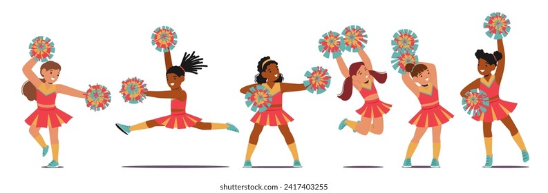 Adorable Young Cheerleaders With Beaming Smiles And Vibrant Uniforms Bring Joy And Enthusiasm To The Sidelines Spreading Cheer With Their Infectious Energy And Delightful Routines. Vector Illustration