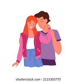 Adorable young couple cuddling with love and affection. Lovely partnership moment, romantic sweet embracing, spending happy life time together cartoon vector illustration