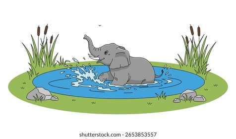 An adorable young elephant joyfully splashing in a refreshing pond on a sunny day surrounded by lush greenery and reeds