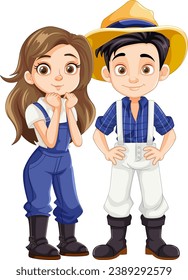 An adorable young farmer couple depicted in a charming vector cartoon illustration