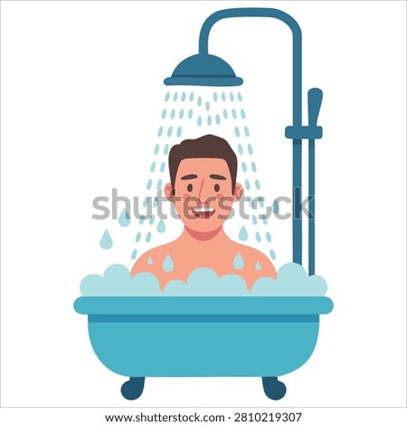 Adorable Young Man Taking Shower Cartoon Cheerful Guy Washing His