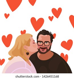Adorable young man and woman hugging or cuddling. Romance and affection.Cute couple in love. Flat cartoon vector illustration.