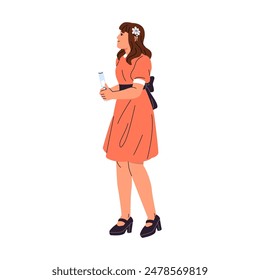 Adorable young woman with alcohol drink in glass. Happy girl in cute dress holds champagne in hand. Person celebrates event, Birthday or Christmas party. Flat isolated vector illustration on white