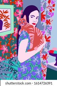 Adorable young woman holding cat in bright decorated interior  Portrait pet owner  Flat vector illustration 