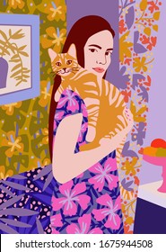 Adorable young woman holding a cat in bright decorated interior. Portrait of pet owner. Flat vector illustration.