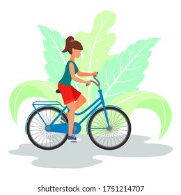 Adorable young woman on bike. Flat vector illustration.