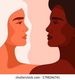 Adorable young women are looking face to face. Friendship poster, the union of feminists or sisterhood. The concept of gender equality. Vector